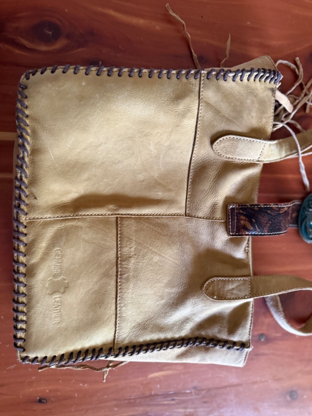 hand made leather cowhide tooled stitched fringe tote - Picture 5 of 9